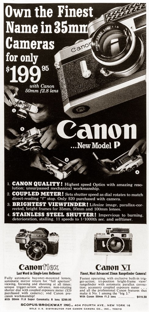 1959 Canon camera ad featuring Canon P, Canon VI, and Canonflex cameras.