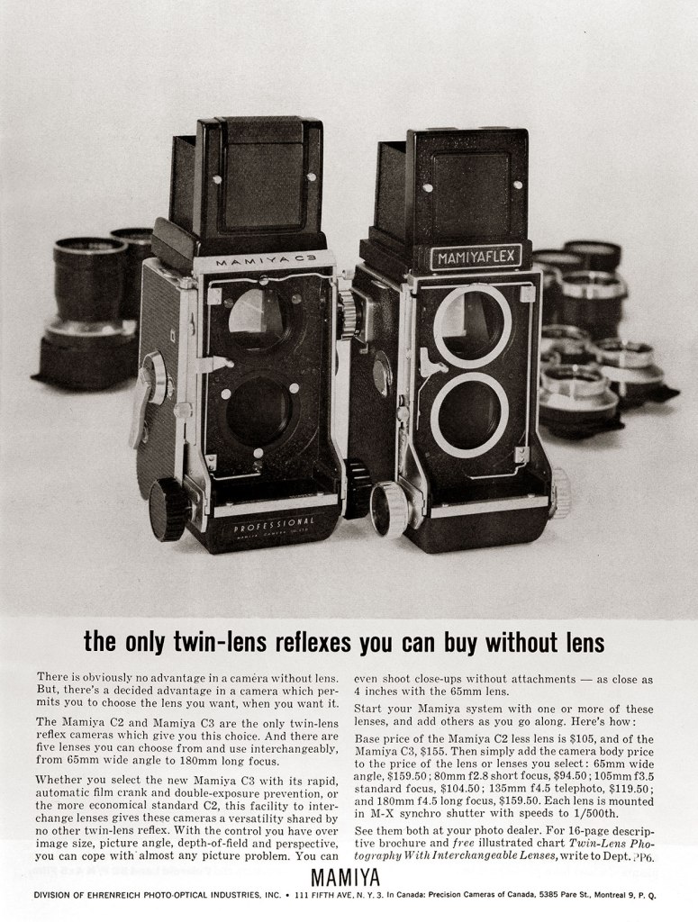 1963 Mamiya C3, C2 camera ad