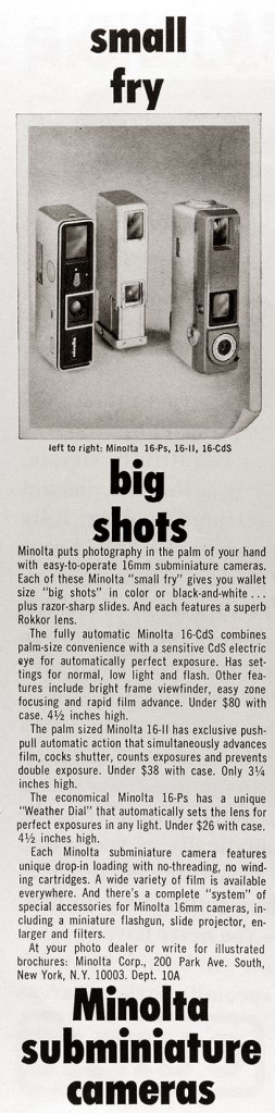 1965 Minolta 16mm Sub-miniature cameras ad