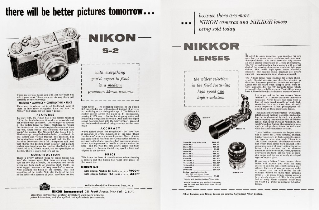 1956 Nikon S-2 camera and lenses ad