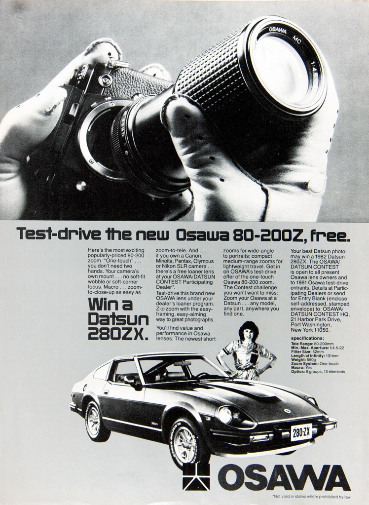 1981 Osawa lens ad. Win a Datsun 280ZX.