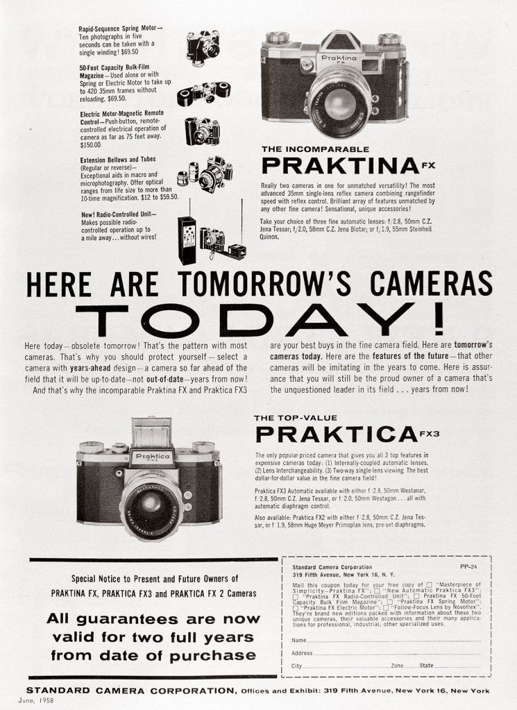 1958 Praktica Praktina FX and Praktina FX3 camera ad
