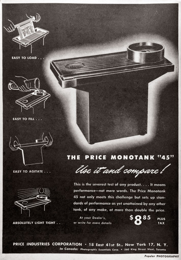 1947 Price Monotank 4x5 developing tank ad