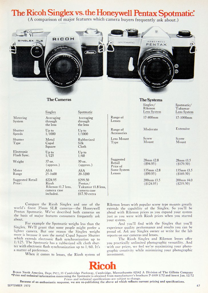 1972 Ricoh Singlex v Pentax Spotmatic camera ad