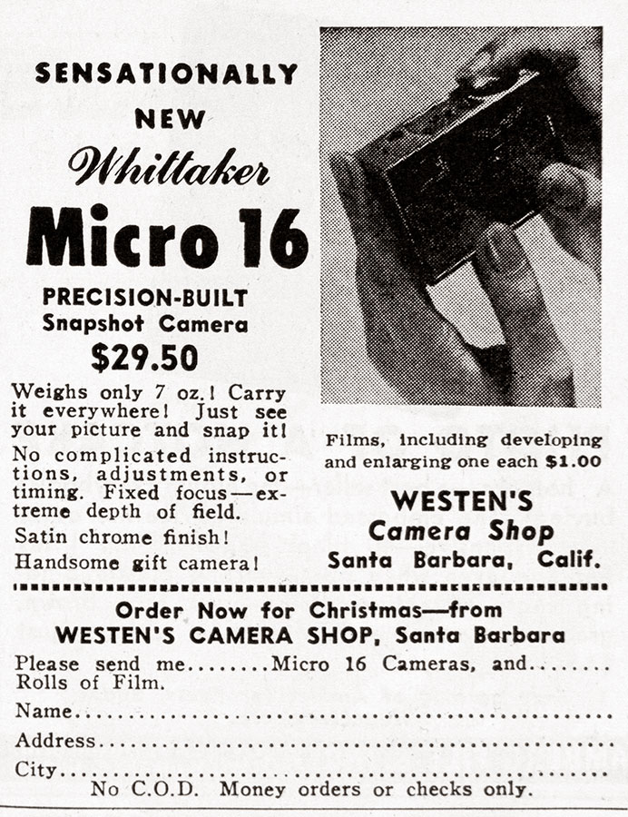 1946 Whittaker Micro 16 camera ad