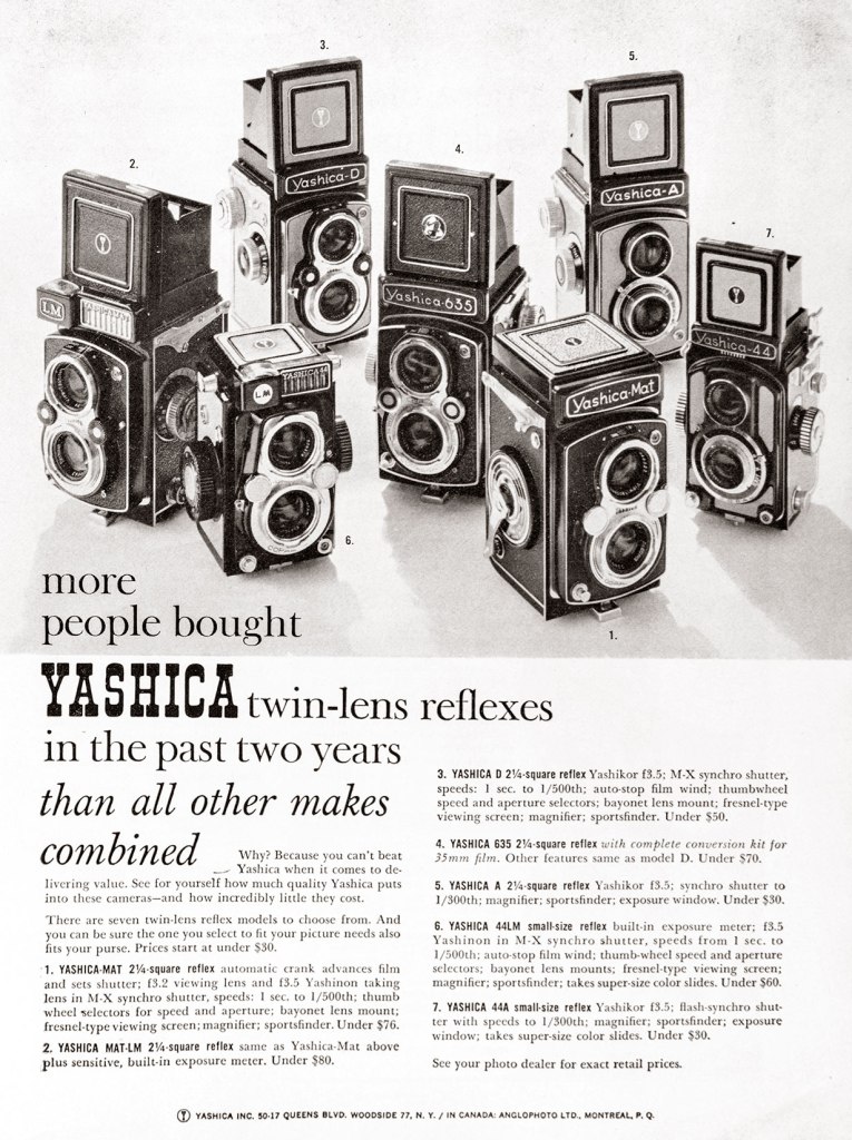 1961 Yashica cameras ads: Yashica Mat, Yashica Mat-LM, Yashica D, Yashica 635, Yashica A, Yashica 44LM, Yashica 44A