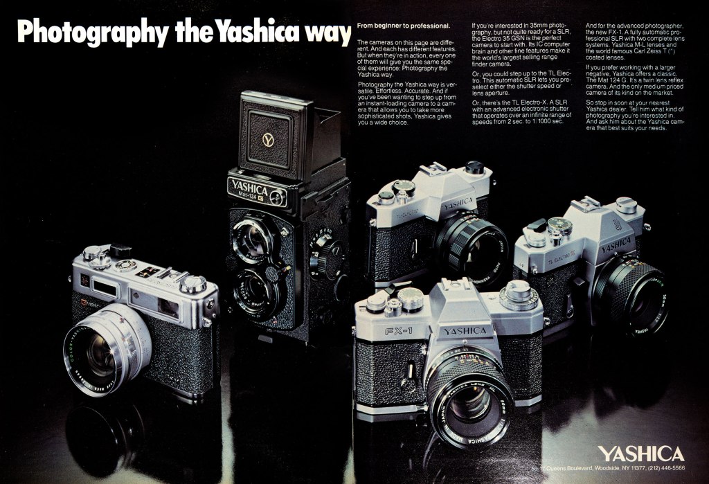 1975 Yashica cameras ad: Yashica Mat 124G, Electro 35 GSN, TL Electro, TL Electro-X, FX1