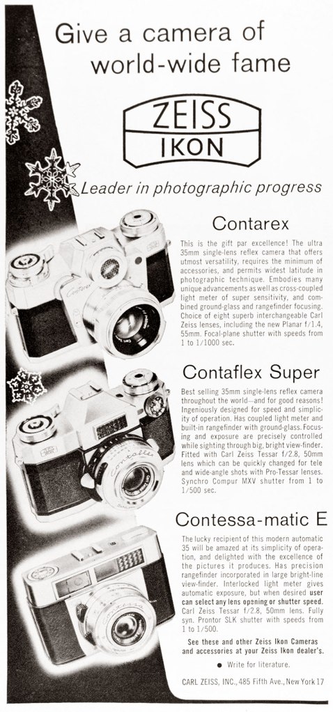 1961 Zeiss Ikon cameras ad: Contarex, Contaflex Super, Contessa-matic E